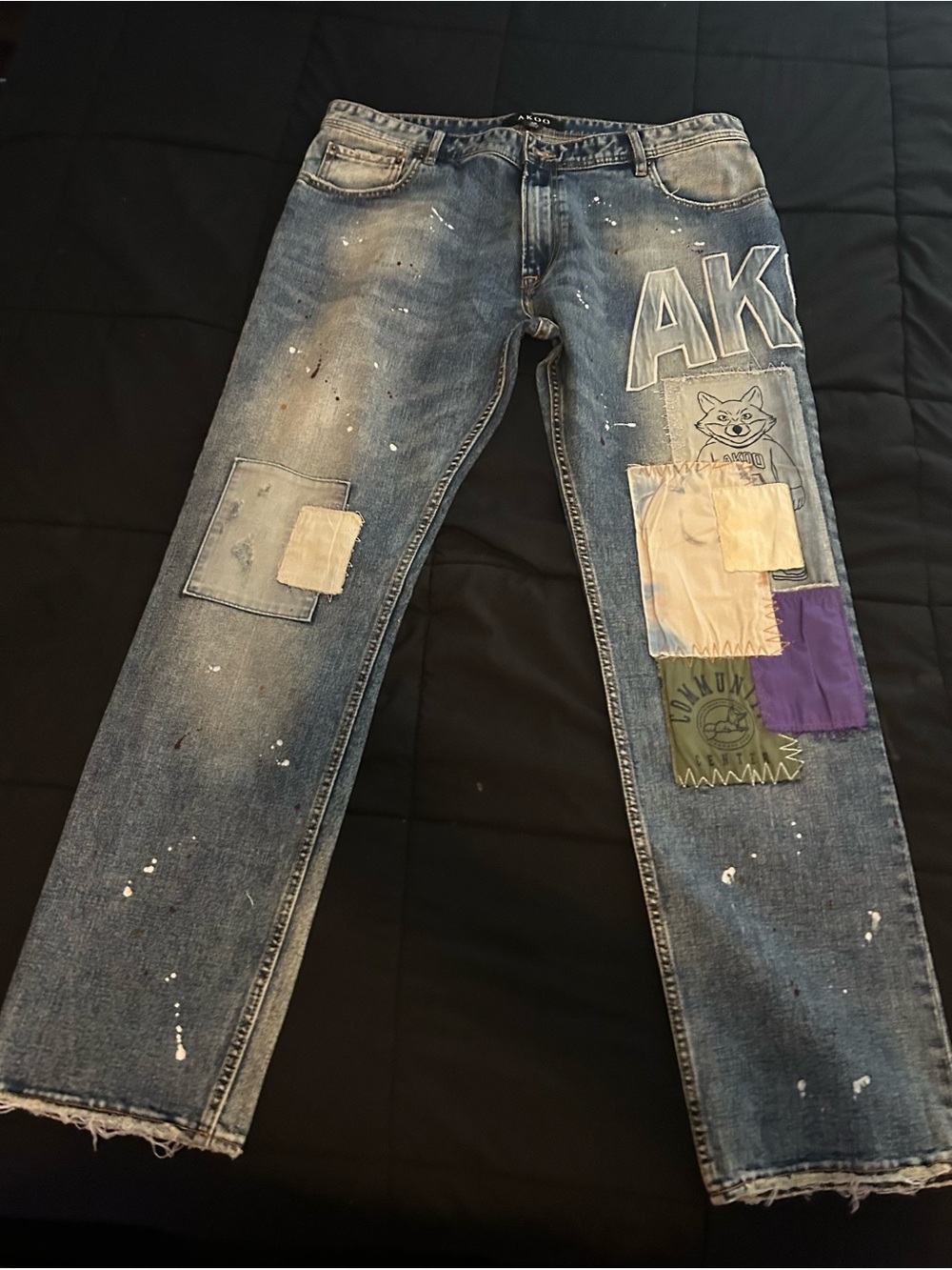 Akoo Blue Patchwork Straight Jeans with AK Graphic